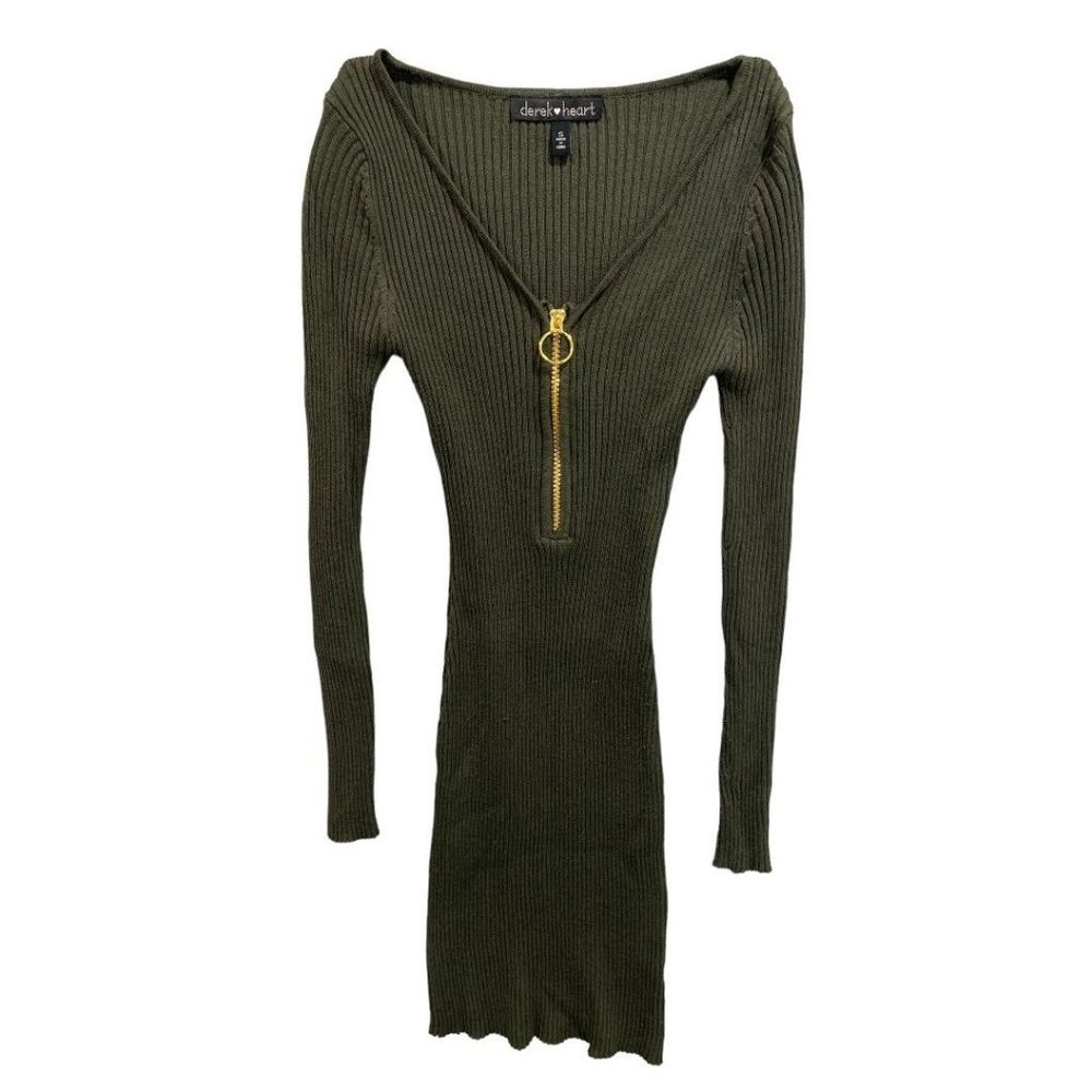 Small Derek Heart Junior Women's Army Green‎ Ribbed Sweater Dress V-Neck